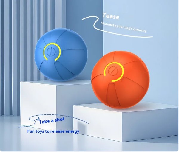 Blue and orange Pupwick Spark balls on white display blocks